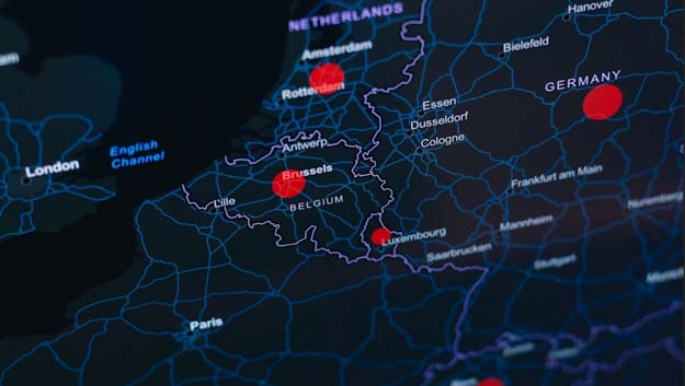 A digital interface showing a map with global supply chain shipping routes