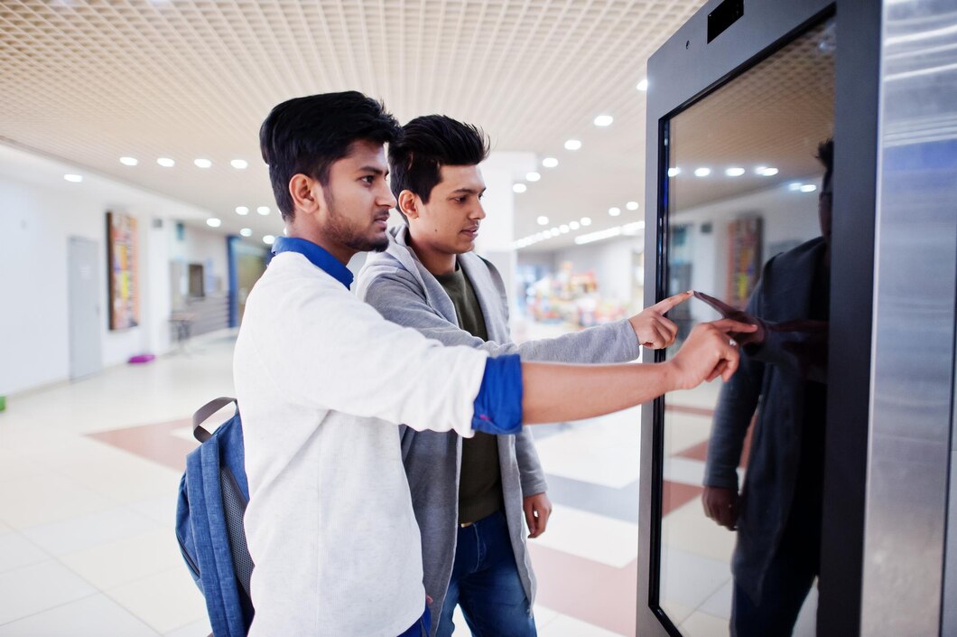 Employees punching in biometrics at workplace