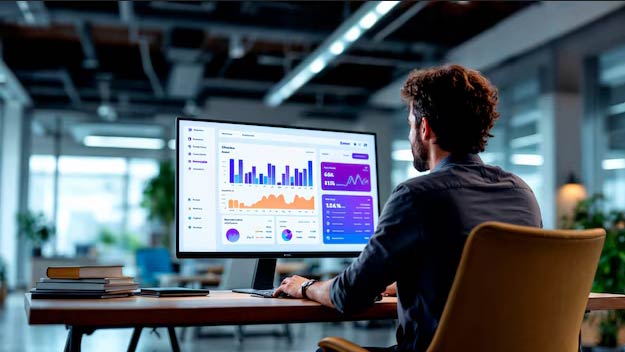 Software developer configuring ERP system dashboard on screen